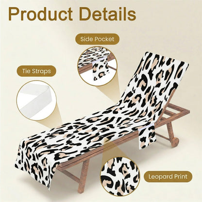 Surwin Sun Lounger Towel with Pockets, Leopard Print Beach Towel Chair Cover Sunbed Towels Lounger Bag for Summer Holiday Outdoor Garden Pool