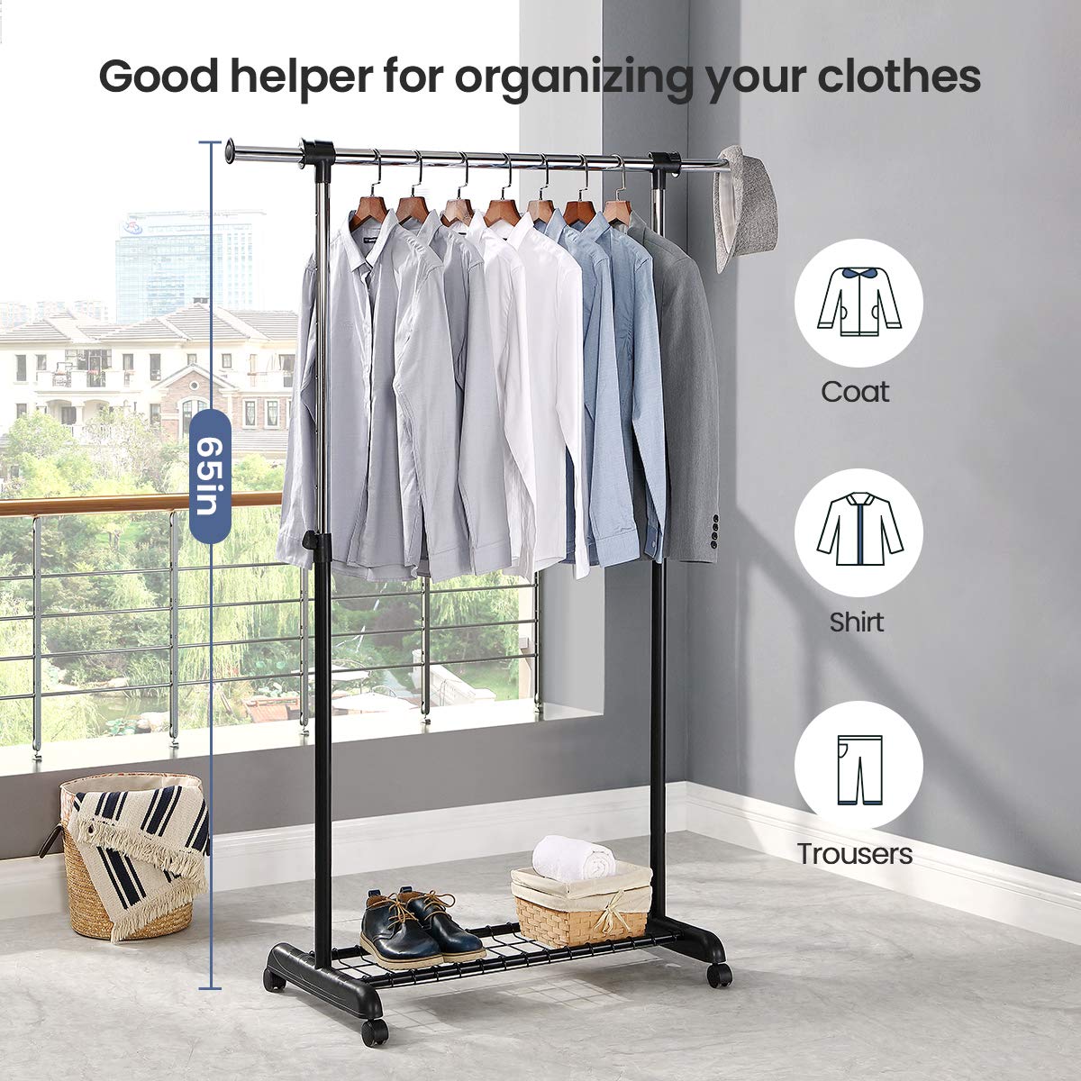 LiaMeE Heavy Duty Clothes Rail for Bedroom, Adjustable Clothes Rack on Wheels,Hanging Rail for Clothes, Black & Chrome