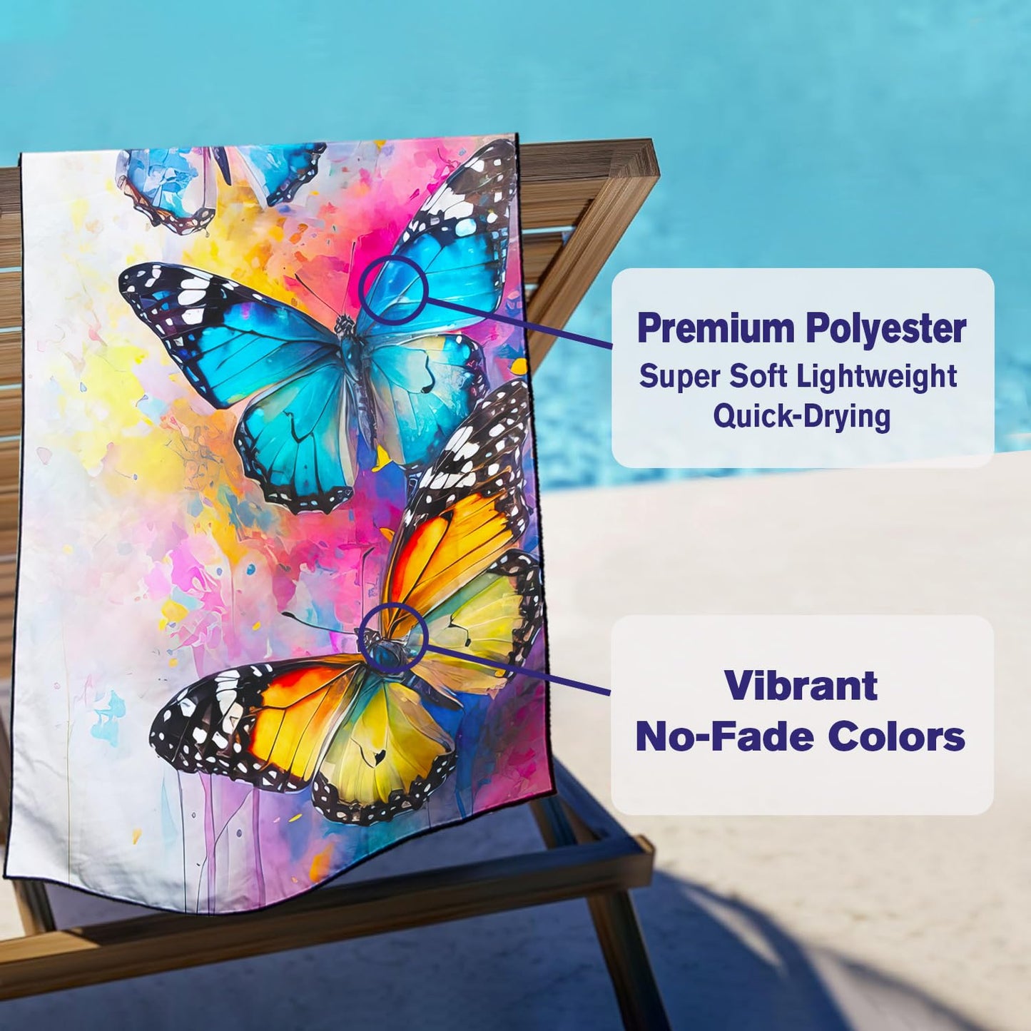 Violetpos Watercolor Butterfly Beach Towel, Extra Large 180x90 cm 250GSM Microfibre, Sand Free Quick Dry