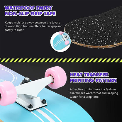 Skateboard,31 x 8 Inch Complete Skateboard, 8-Layer Maple Wood Deck Double Kick Standard Skateboards for Kids, Teens, Adult, Beginner (Pink)