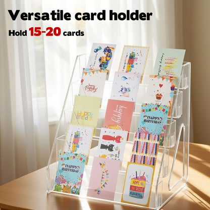 YEXEXINM Greeting Card Display Stand, 5 Tier Heighten Acrylic Card Display Rack Clear Storage Sticker Organizer Bookmarks Stamp Postcard Mail