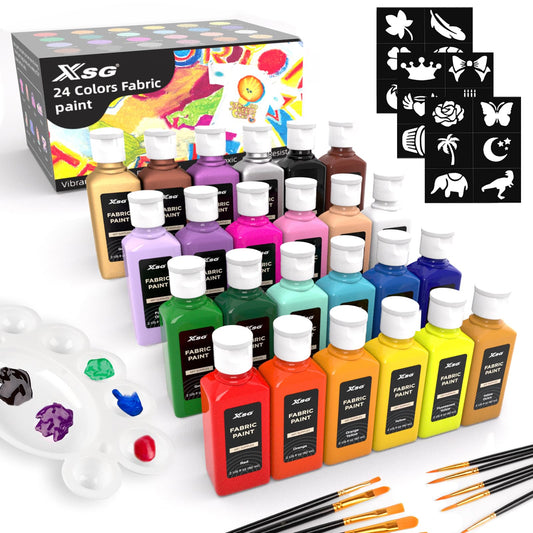 XSG Fabric Paint,24 Colours Permanent Textile Acrylic Paint for Clothes in Bottles with Brushes, Palette, Stencils, Non-Toxic Textile Paints for