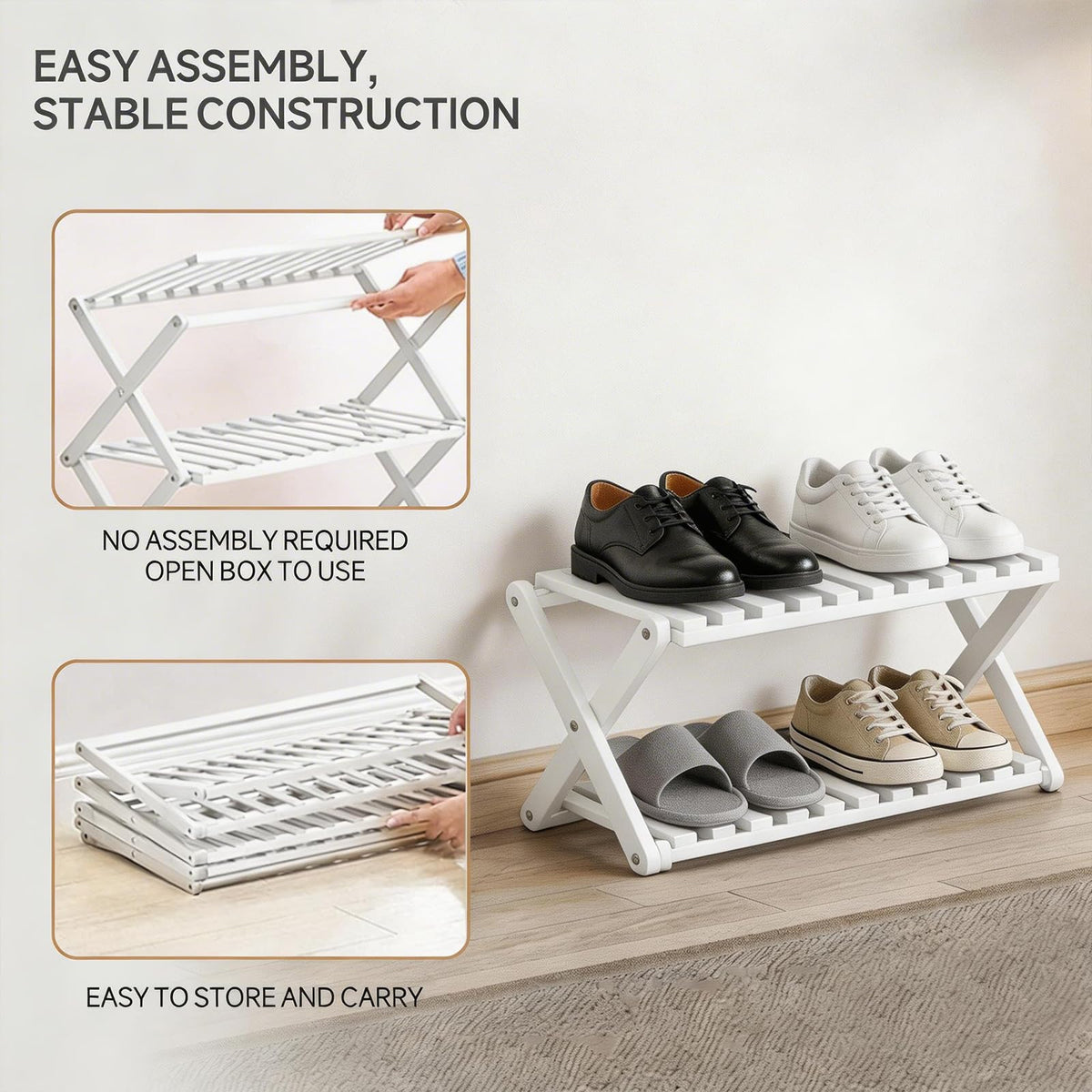 Momleix Folding Shoe Rack White, 2 Tier Shoe Shelf Without Installation, Sturdy Bamboo Storage Organiser for Entryway Closet, Dorm and Small Spaces