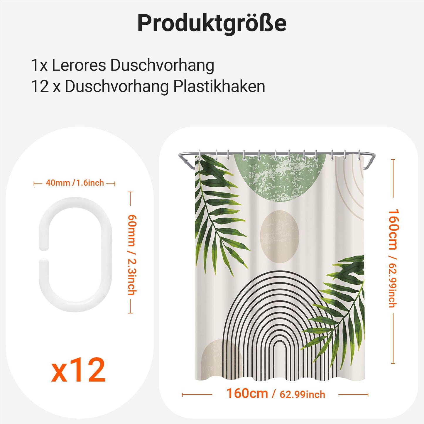 Lerores Shower Curtain, 160 x 160 cm, Green Leaves Line, Weighted Hem, Anti-Mould Textile, Water-Repellent