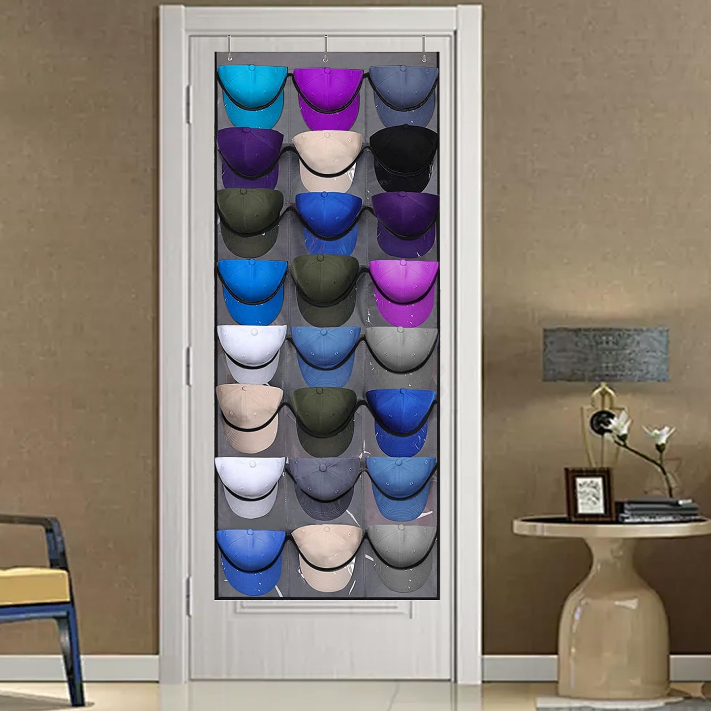 qimeyu Baseball Cap Storage,Baseball Cap Door Organizer,Cap Storage for Baseball Caps,Baseball Cap Rack with Large 24 Clear Deep Pockets,Cap Hanger