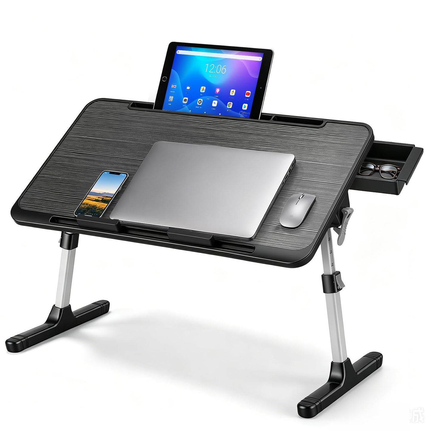 2-in-1 Bed Table & Lap Desk with Adjustable Height & Angle, Foldable Laptop Stand with Book Stand, Drawer & Edge Stopper, Ideal for Bed Desk
