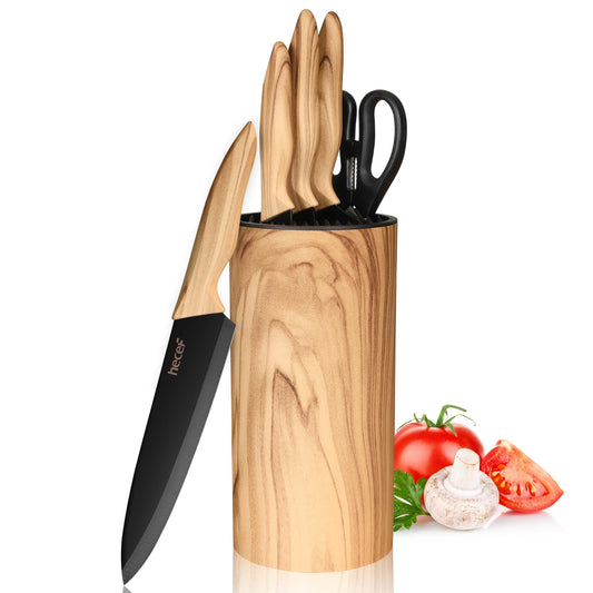 hecef 6 Piece Kitchen Knife Set ? Stainless Steel Chef Knives with Universal Block, Olive Wood Grain Handle, Ultra Sharp & Ergonomic Design for Home