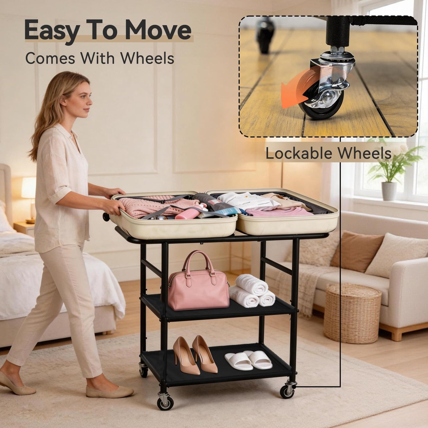 ikkle Luggage Rack for Guest Room, 3-Tier Heavy-Duty Suitcase Stands Mobile Luggage Stand with 2 Storage Shelf, Metal Luggage Holder for Guest Room