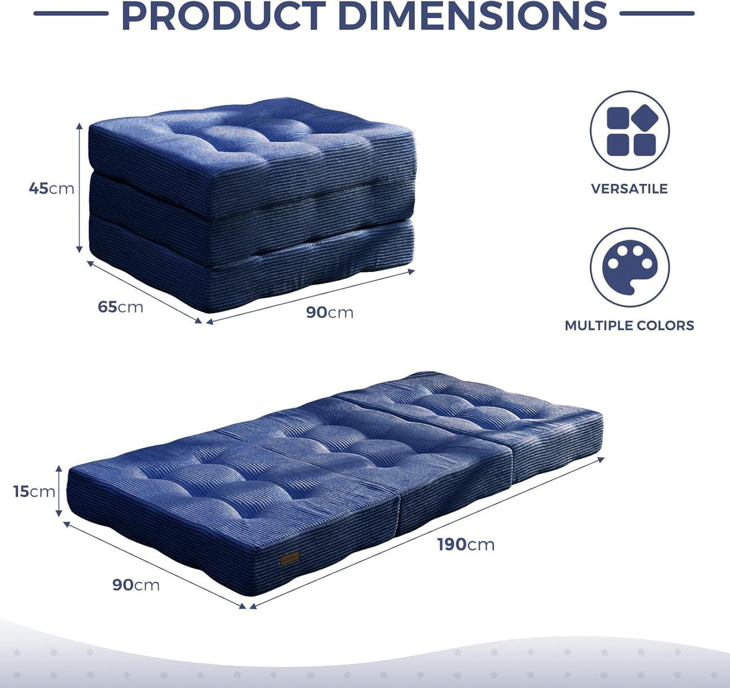 MAXYOYO Folding Mattress, Comfy Corduroy Foldable Mattress with 15cm Thicken Foam, Tri-Fold Floor Futon Sofa Bed for Guest,Dark blue,Single