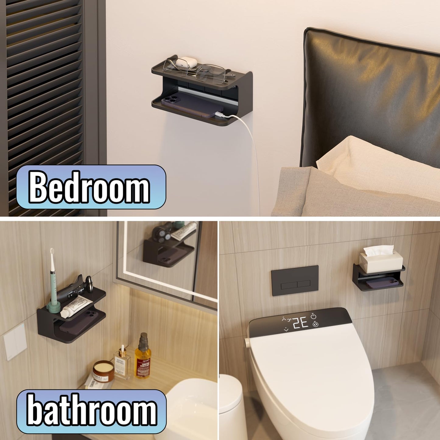 sciuU 2-Layer Structure Bedside Wall Shelf Organizer - Universal Wall Mount