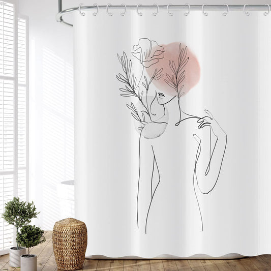ASDCXZ Shower Curtain Boho Style 180x200 cm, Modern Abstract Art Minimalism Girl Body Curve Flower Leaves Washable Shower Curtains Textile Waterproof