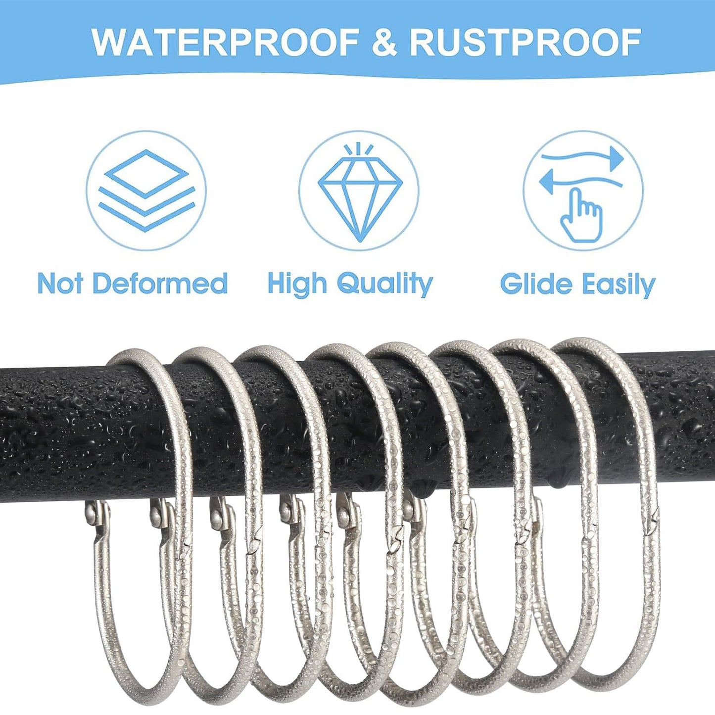 Goowin Shower Curtain Hooks, 12 Pcs Shower Curtain Rings Rust Proof Metal Oval Rings Clasp Closed Shower Curtain Rings for Bathroom Shower Rods