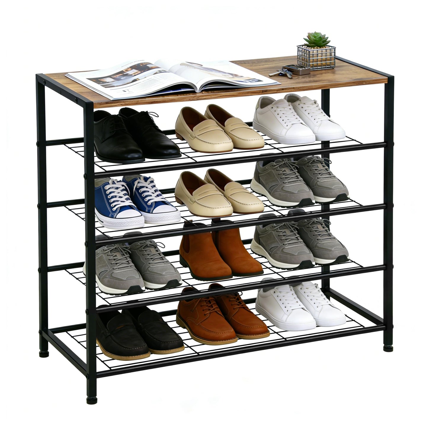 ZOESTORAGE Shoe Rack,5 Tier Shoe Racks for 16 Pairs,Metal Shoe Rack With Wooden Seat for Hallway, Entryway, Living Room,60 x 30 x 85cm,Rustic Brown