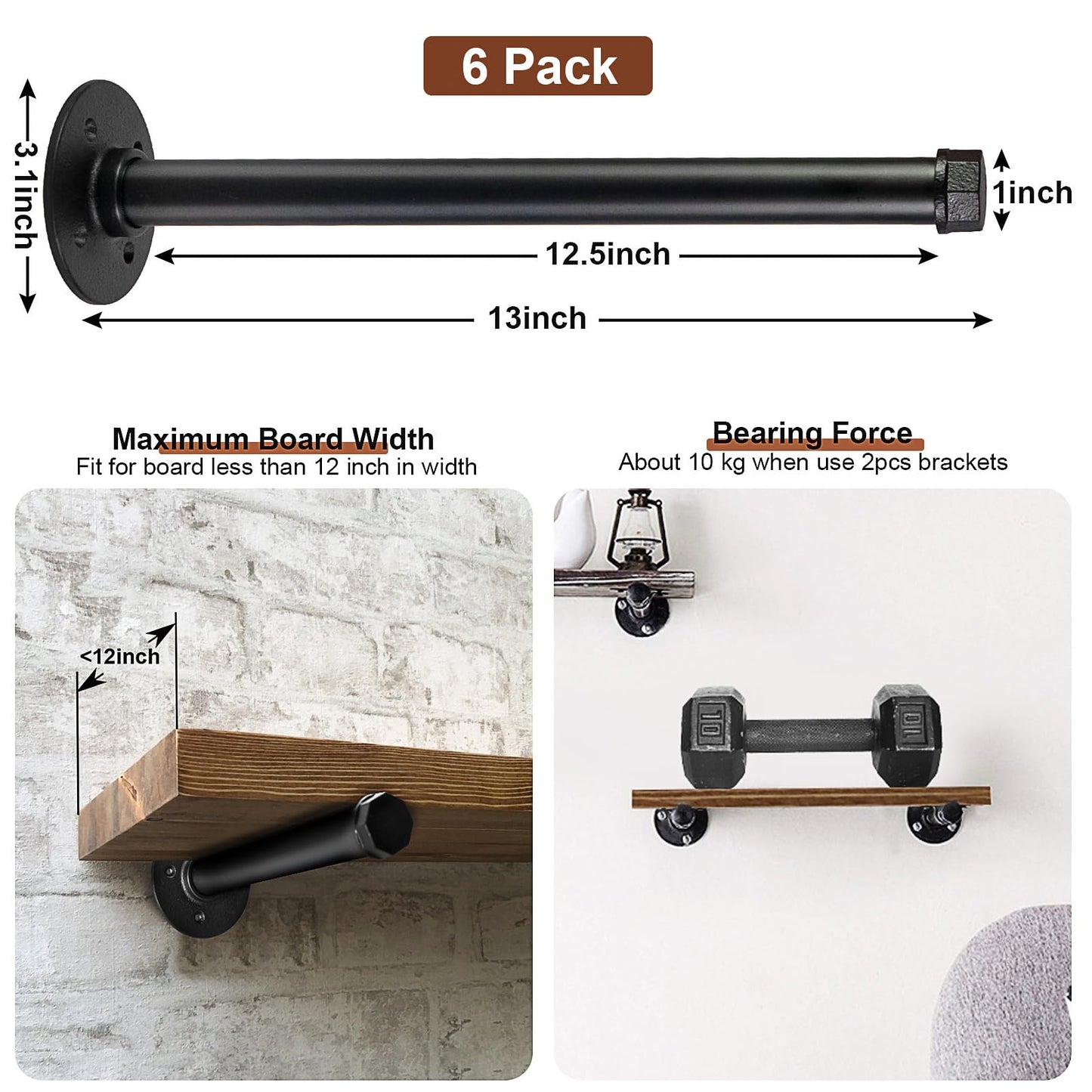 Pintuson 6 Pcs Industrial Pipe Clothes Bar 12 Inch - Wall Mount Clothing Rack - Face Out Wall Clothing Rods for Commercial Retail Boutique Shirt