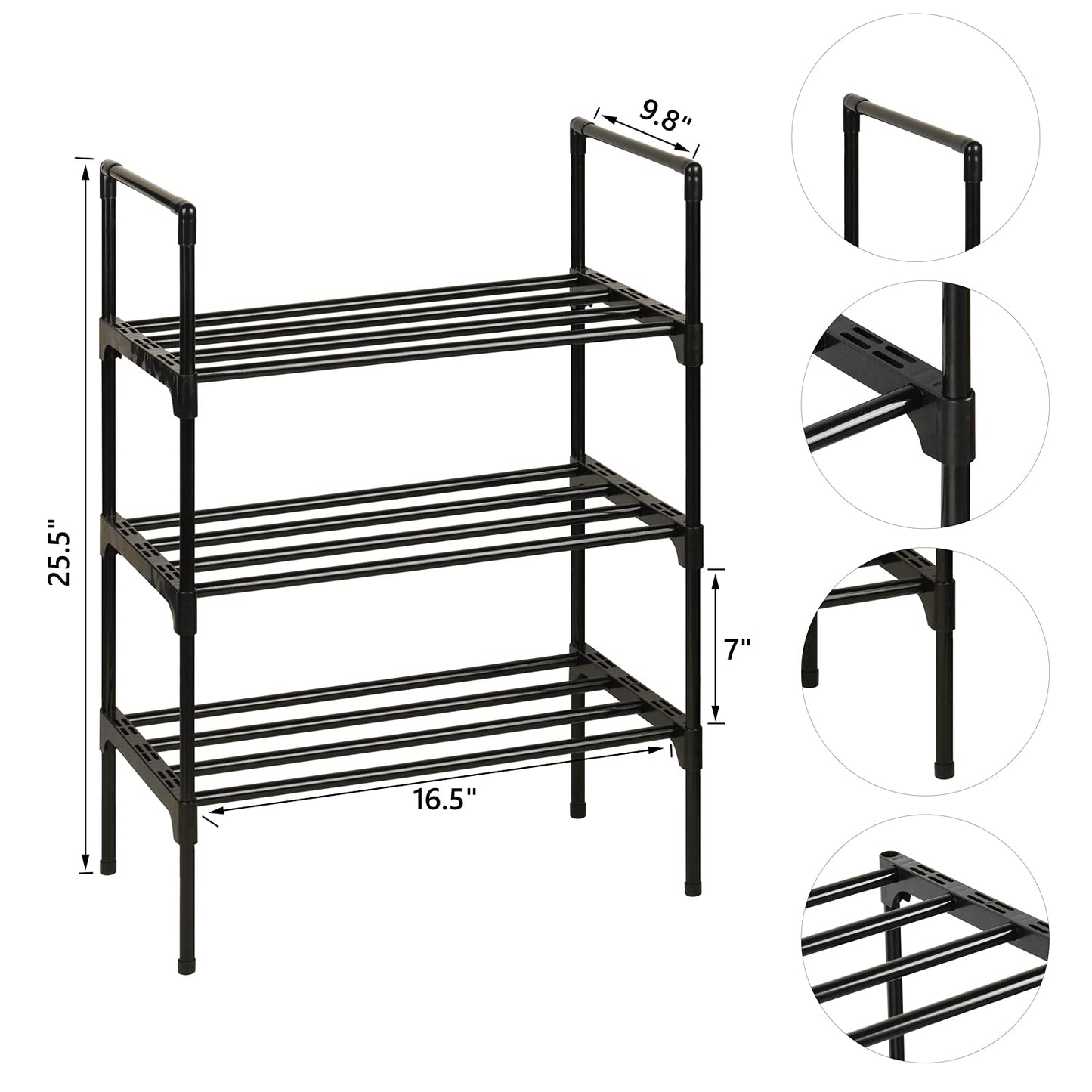 Ywinler 3 Tier Shoe Racks, Metal Shoe Storage Organiser Small Narrow Shoe Shelf Stackable for Hallway, Entryway, Living Room, 43 × 25 × 65cm, Black