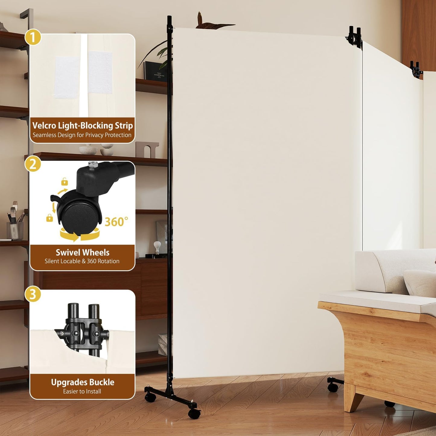 HIDODO 3 Panel Upgraded Room Divider with Wheels, 261cm W x 183cm H, Beige