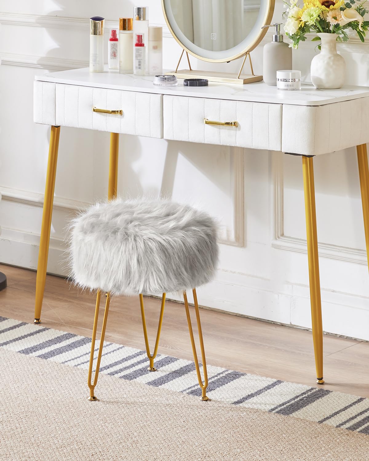 IBUYKE Faux Fur Vanity Chair, Furry Makeup Stool Ottoman, Gray L/G-32G