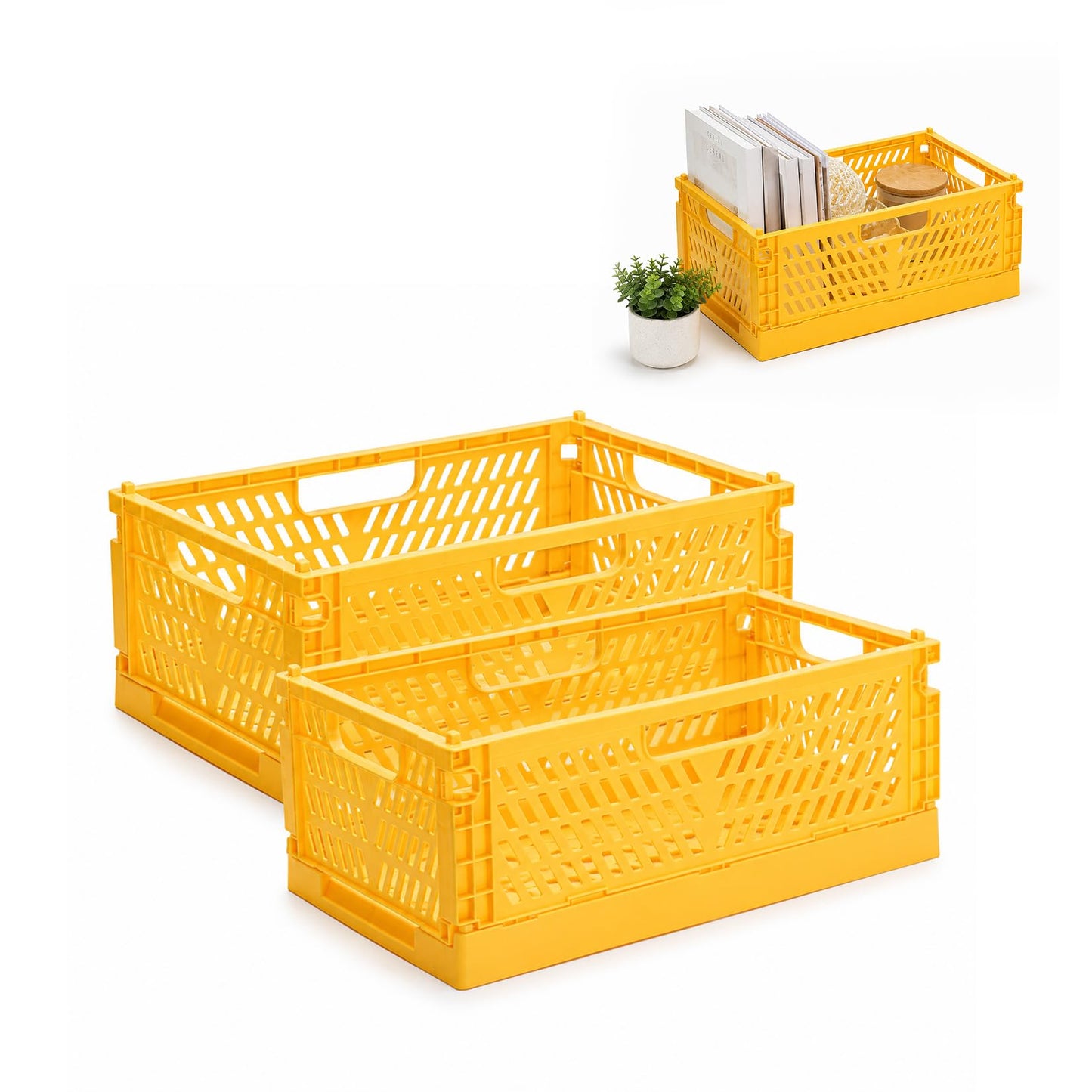 PIANKEKE 2 Pcs Collapsible Storage Box Yellow, Plastic Stackable Folding Storage Crates with Handles
