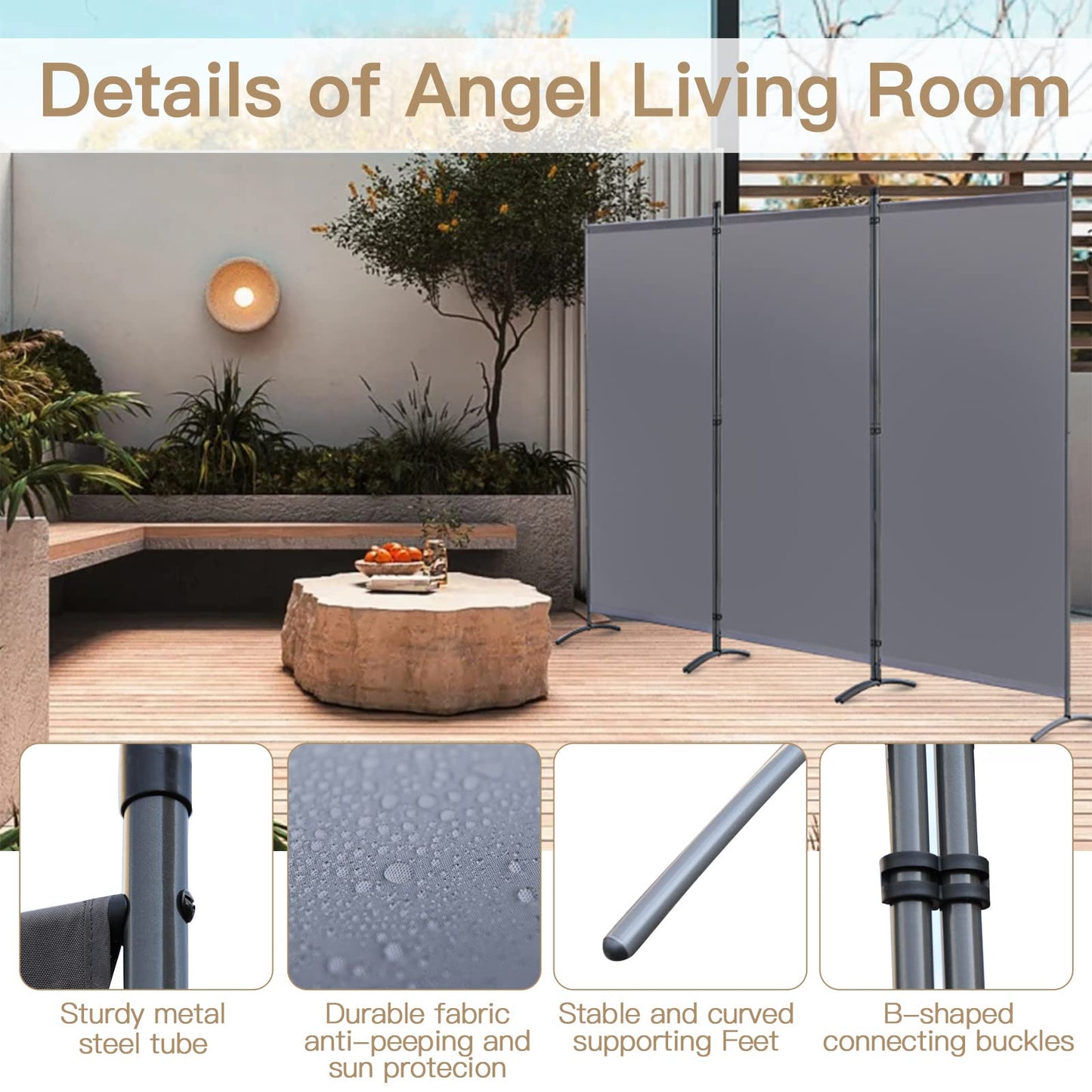Angel Living 3 Panels Folding Room Divider | Privacy Screen with Polyester Fabric & Sturdy Iron Frame | Freestanding Partition for Office, Bedroom