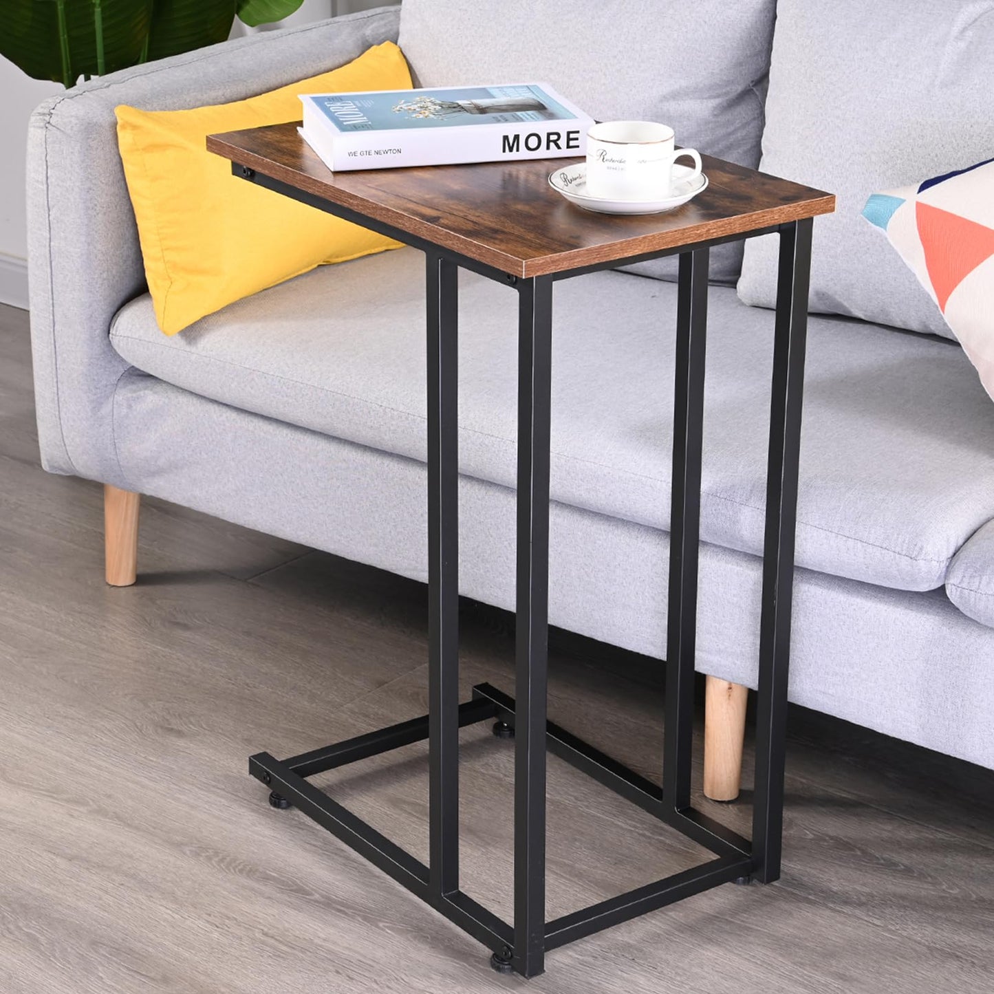 H JINHUI C-Shaped End Table, Sofa Side Table, Mobile Snack Table for Coffee Laptop Tablet, Industrial Style with Metal Frame