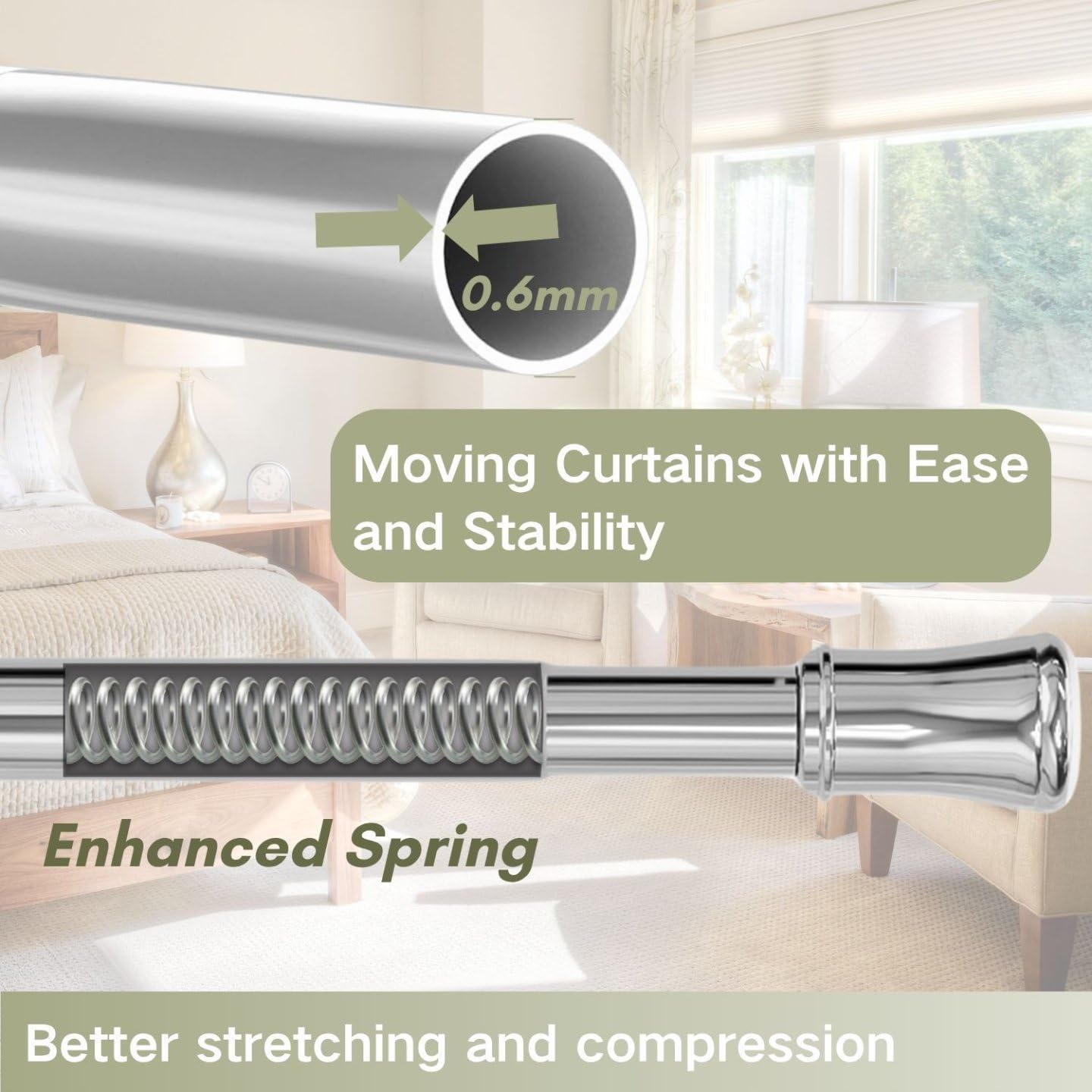 Shower Curtain Rail Extendable Curtain Pole, Metal Tension Rod Anti-Slip Telescopic Curtain Rod Easy Fitting for Bathroom, Closet, Kitchen, 85-180 cm
