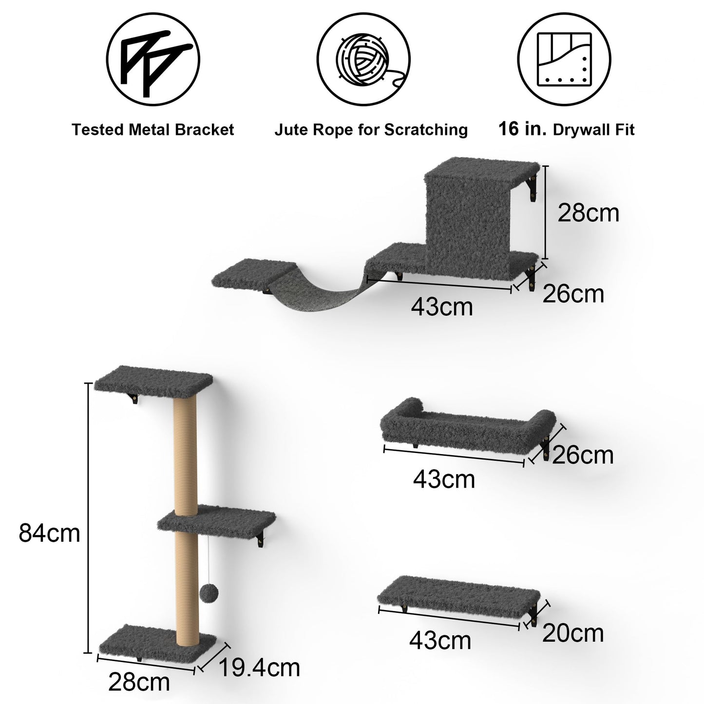 FUKUMARU Cat Wall Shelves, Stable & Safe 4 in 1 Large Cat Wall Furniture Set, Wooden Cat Climbing Wall with Scratching Post for 16 Inch Drywall - Gray