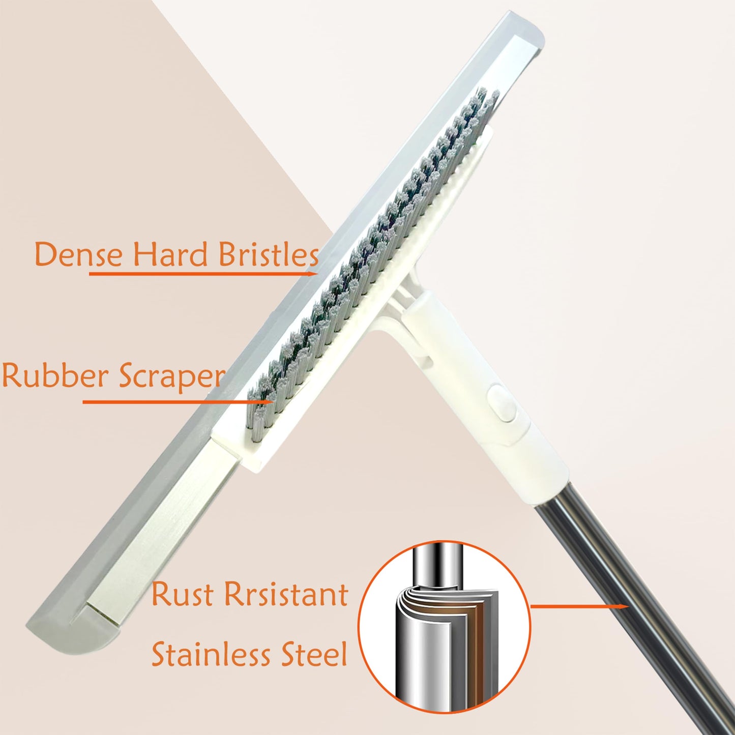 Telescopic Wiper Silicone Blade, 20cm Hard Brush & 180° Swivel Head (125cm/49") Floor Squeegee Scrubber with 50" Adjustable Handle and Grout Brush