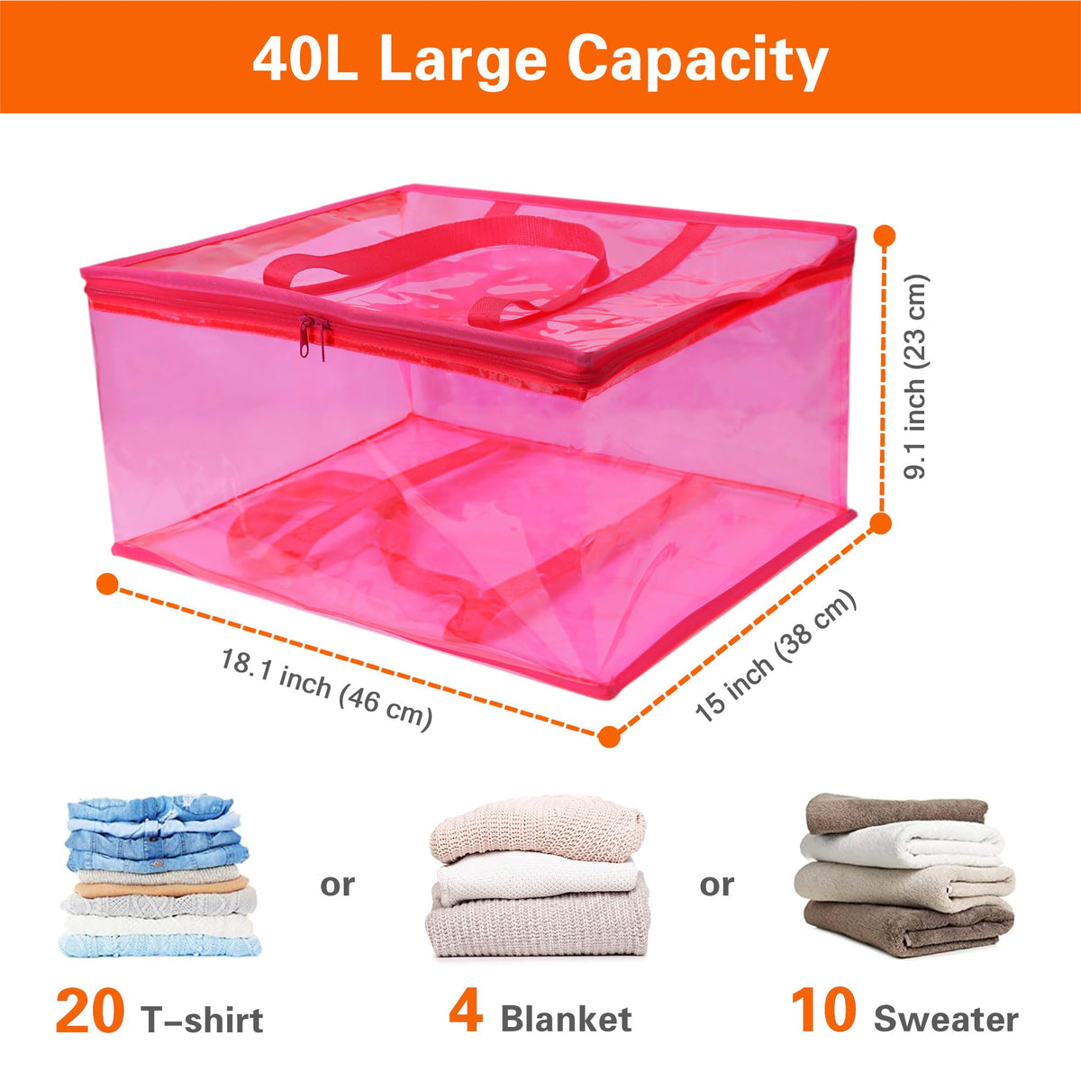 Vieshful Pink 40L Clear Clothes Storage Bag with Zipper 3 Pack