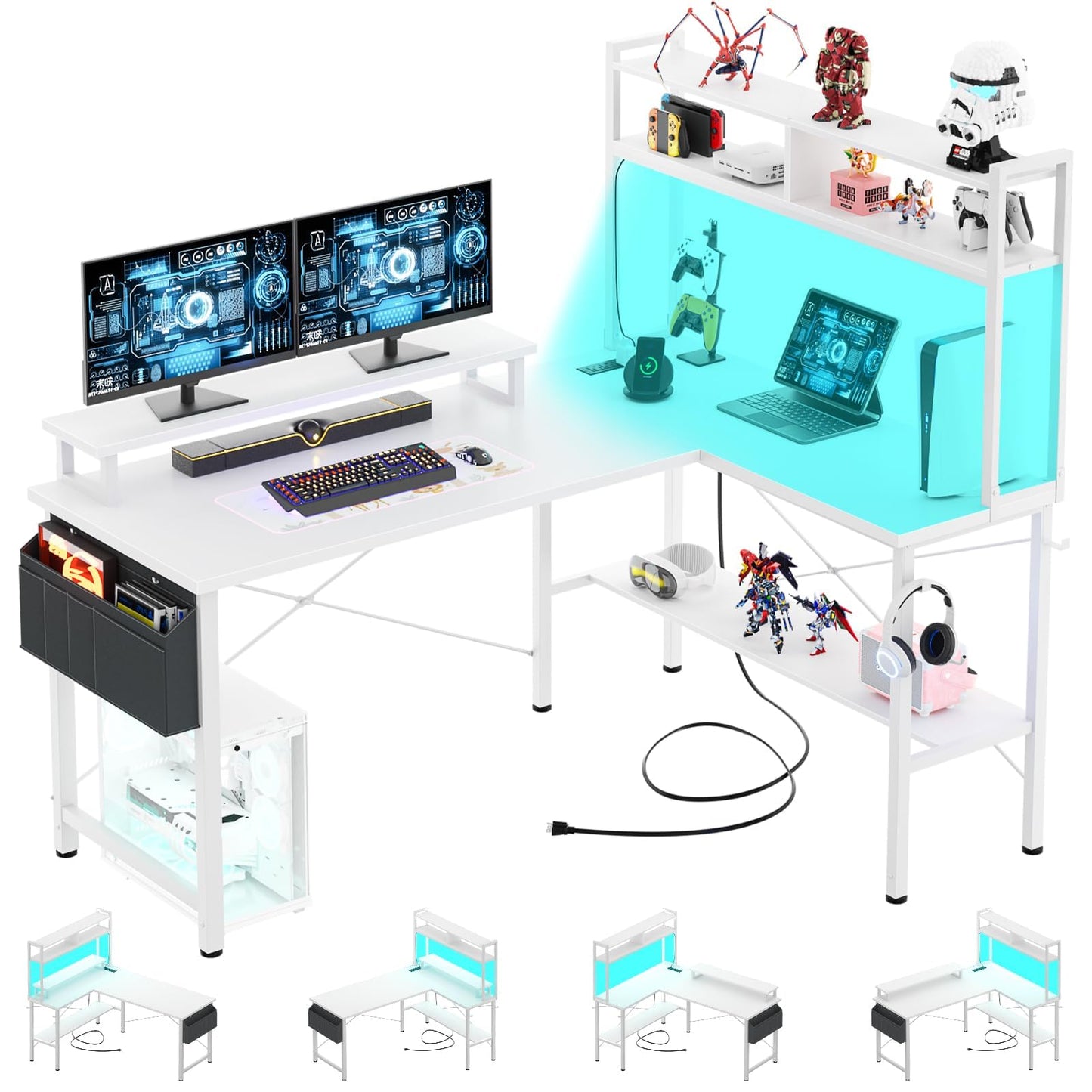 iSunirm L Shaped Gaming Desk with Power Outlets & LED Lights, Small L- Shaped Computer Corner Desk with Monitor Stand & Storage Shelf