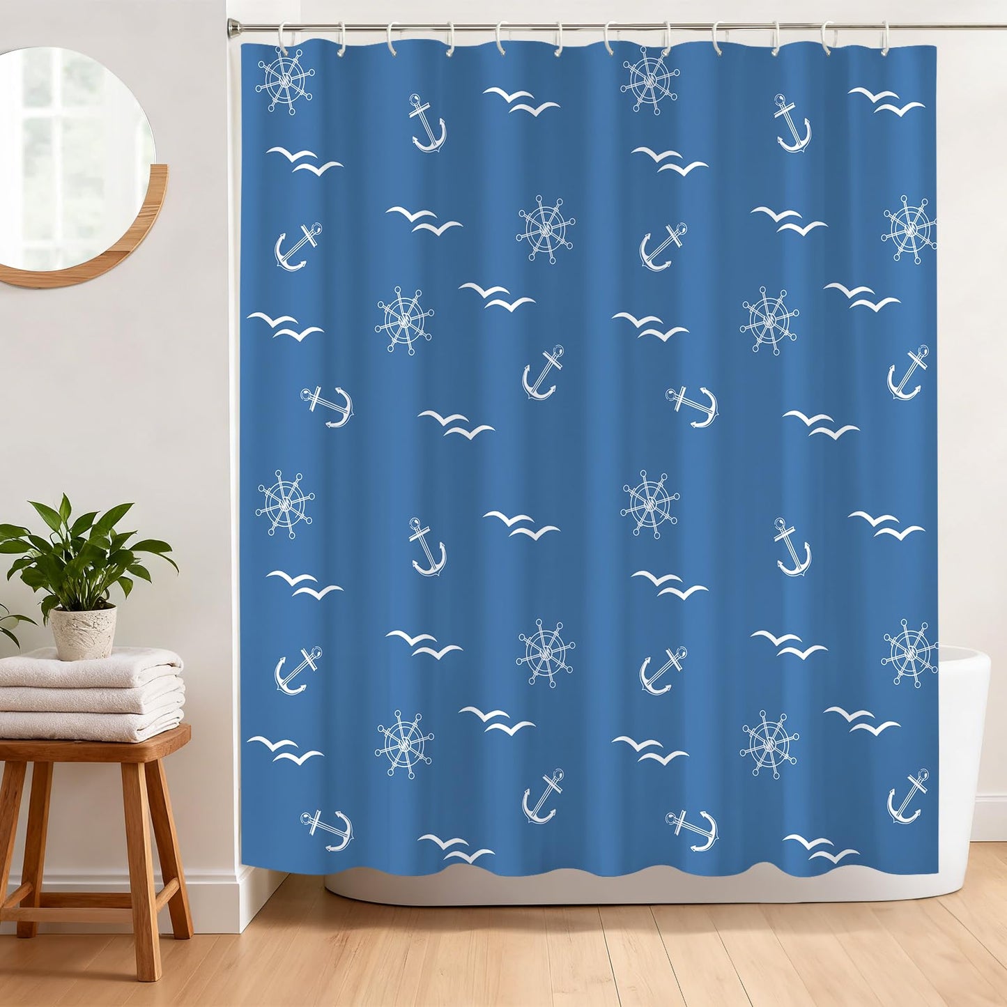BREASOME Nautical Shower Curtain 180 x 180 cm Ship Wheel and Wild Goose Shower Curtain for Bathroom Decor Mould Proof Waterproof Polyester Fabric