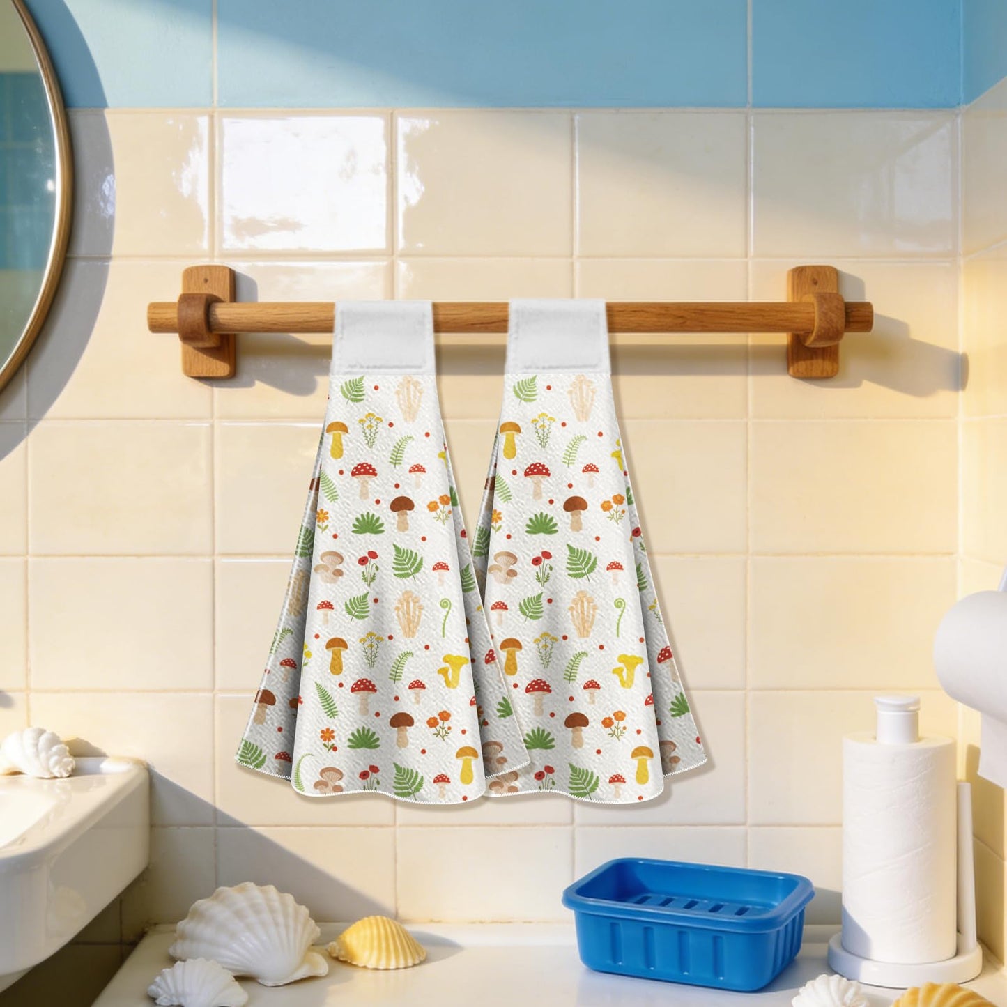 CUTHOLLOW 2 Pcs Simple Fresh Mushroom Hanging Kitchen Towels with Loop