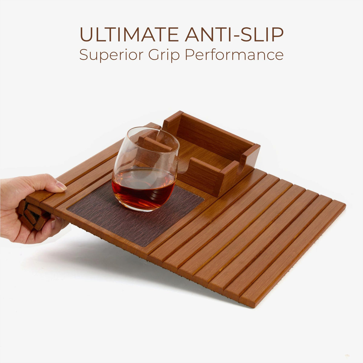 Detor Sofa Arm Tray with Large 11.5 cm Square Cup Holder, Golden Oak Bamboo