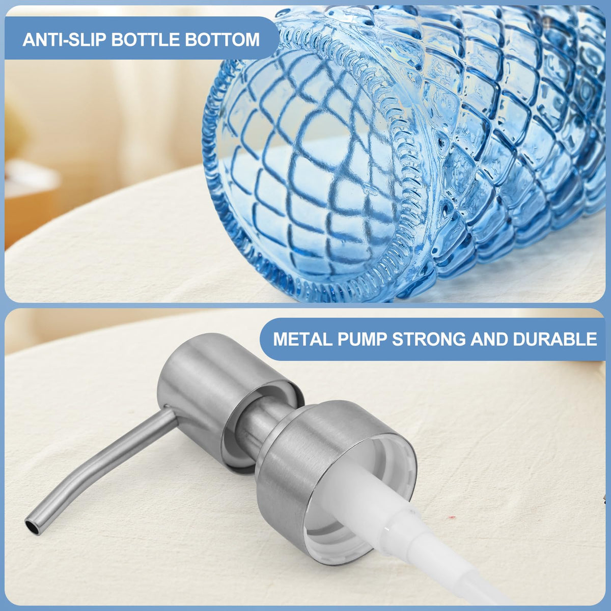 2Pcs Glass Soap Dispenser Blue - 350ml/ 16 Oz Hand Soap Dispenser with Rustproof Stainless Steel Pump Liquid Hand Jar Refillable Glass Bottle for