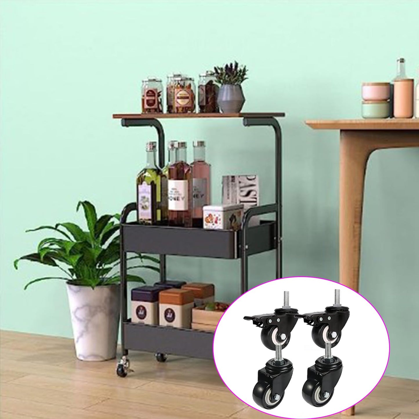 1.5-inch Polyurethane Swivel Casters, Set of 4, for Household Light Stands, Food Carts, and Carts (Screw rod 2 brakes)