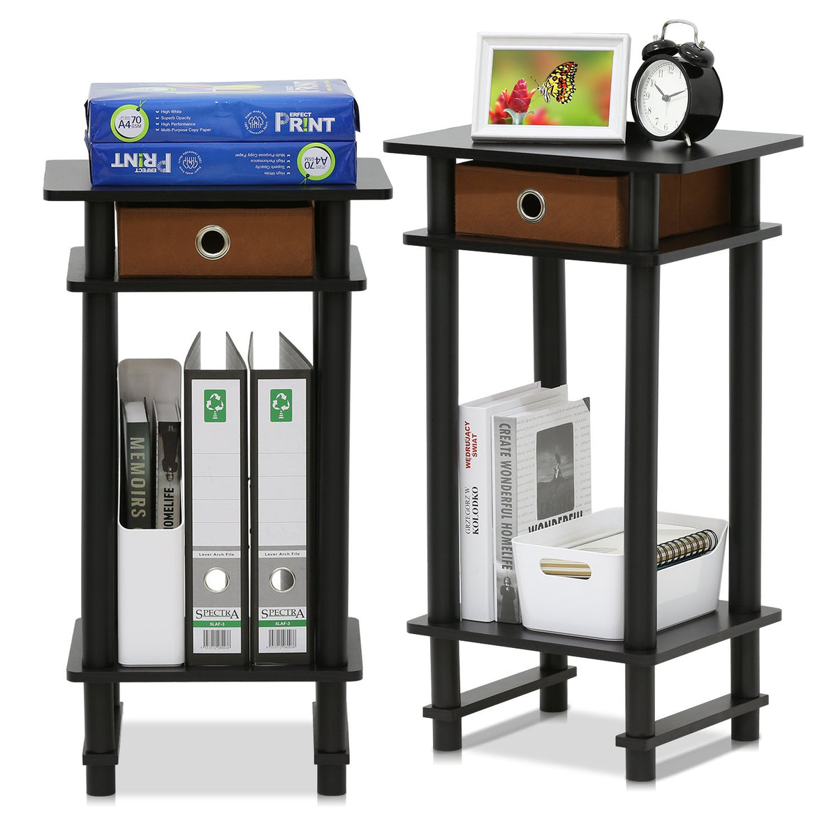 Furinno TURN-N-TUBE Side Table Set of 2, 3-Tier End Table with Storage Bin, Open Shelf Night Stand, Bedside Table, for Living Room, Bedroom, Espresso