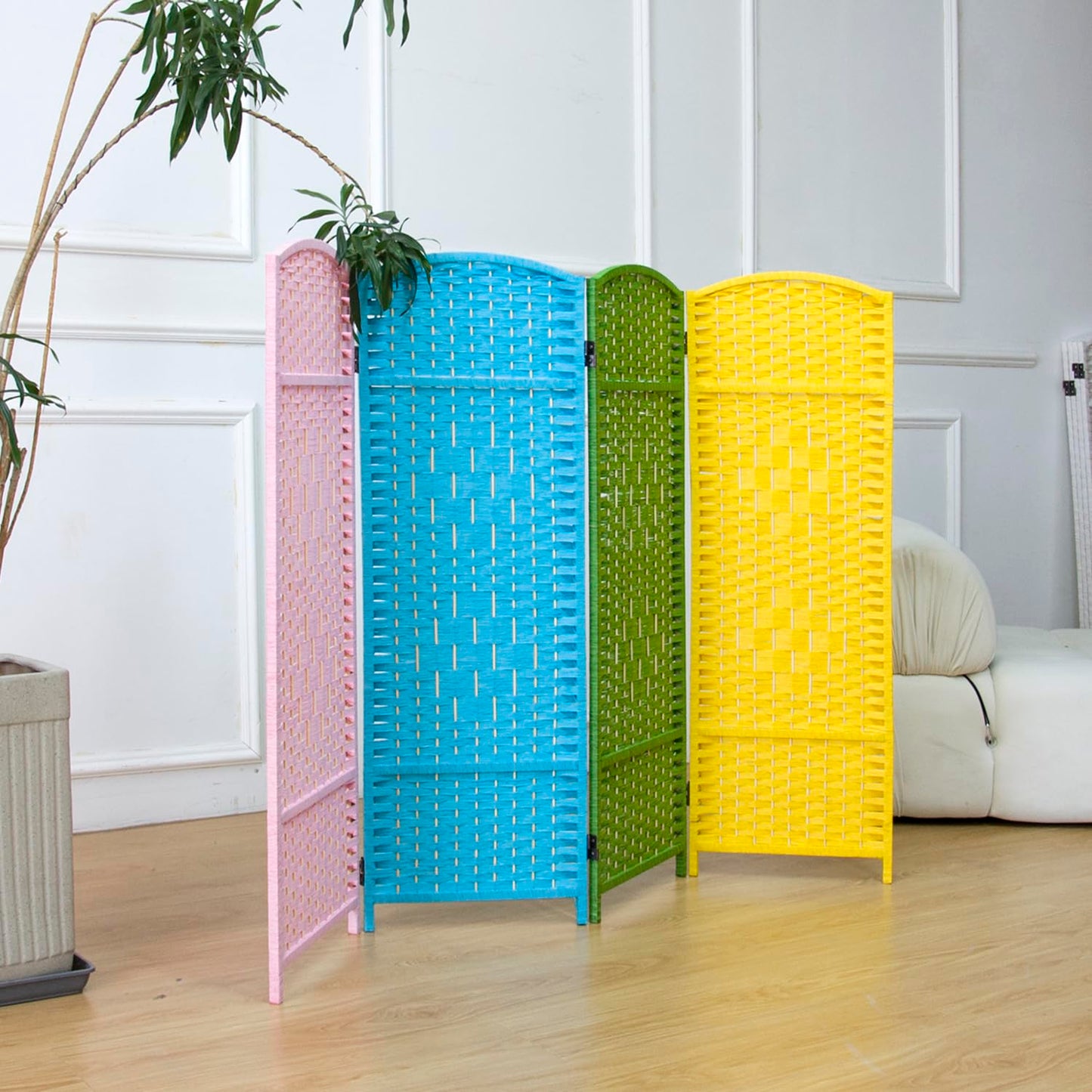 Furnnylane 4 Panel Colorful Rattan Divider Short Room Partition Screen,Double Sided Short Folding Divider for Room Separation,120 cm Tall