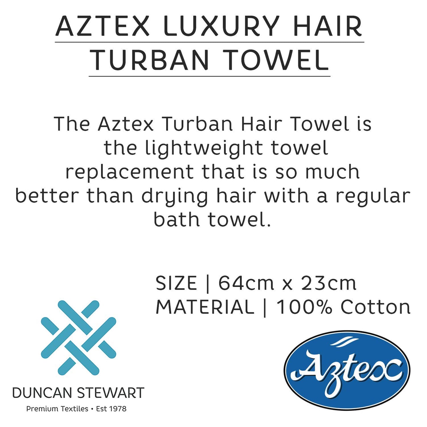 aztex Luxury Hair Turban Towel, Head Wrap Towel, Hair Drying Towel with Loop and Button Fastener, Luxury Absorbent and Lightweight Cotton