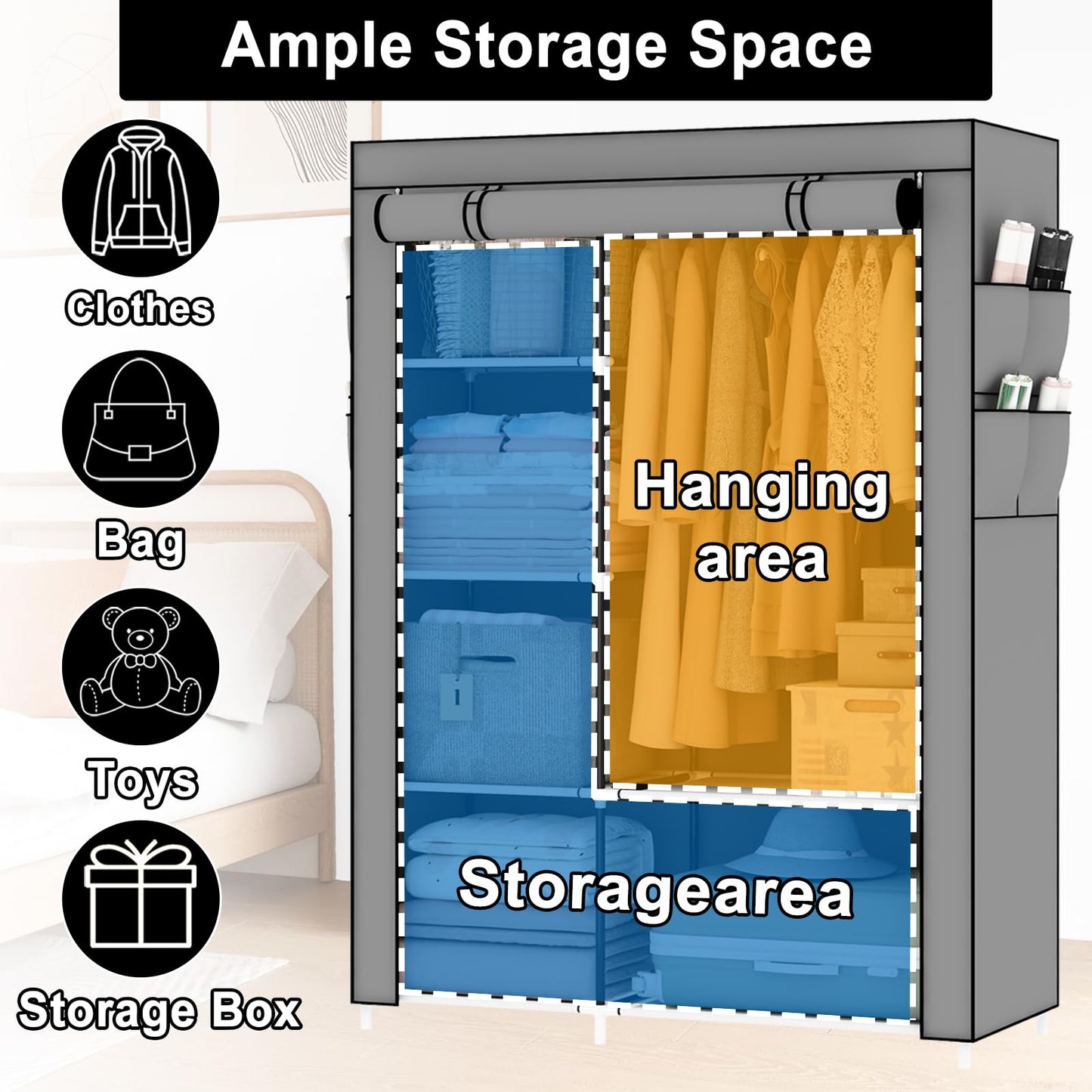 OPPAIYA Canvas Wardrobe, Pop Up Fabric Wardrobe with Shelves and Hanging Rail,Great temporary wardrobes for bedrooms, portable wardrobes