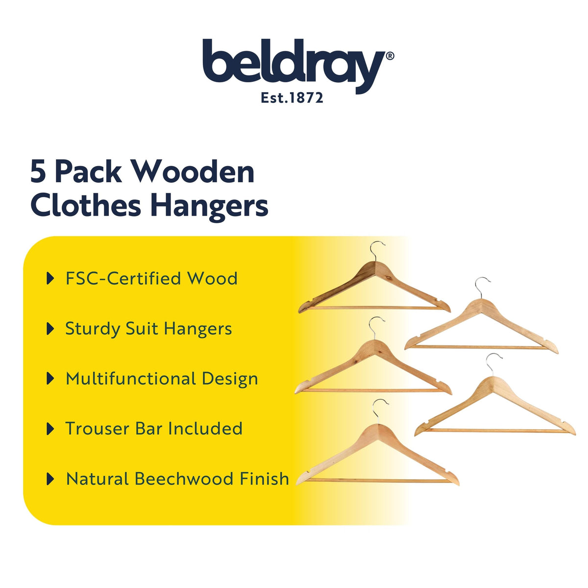 Beldray Wooden Clothes Hangers – Pack of 5 Sturdy Suit Hangers, Multifunctional Garment Hangers with Trouser Bar, Wardrobe Organiser
