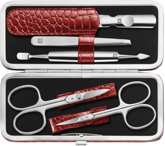 ZWILLING Manicure Set (5 Pieces, for Care of Fingernails and Toenails, Genuine Leather Case with Metal Frame), Polished Stainless Steel, Crocodile