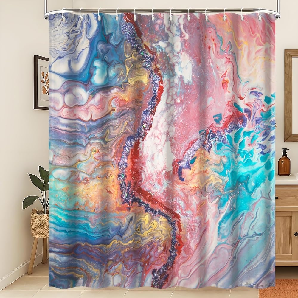 Xiaoterna Marble Shower Curtain Modern Luxury Colorful Gradient Marble Waterproof Bathroom Curtain Abstract Art Gilding Wave Textured Washable Mildew