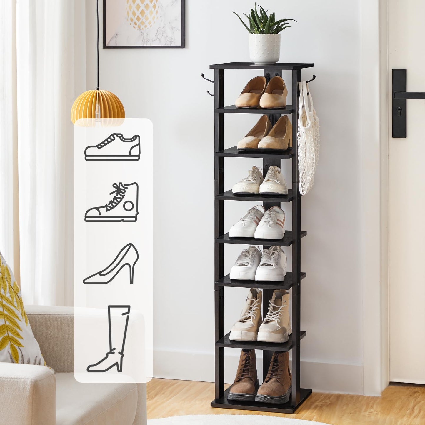 HOOBRO Tall Shoe Rack Wooden, Narrow Shoe Storage Organizer with 2 Hooks, Slim Shoe Shelf, Vertical Shoe Tower for Entrance, Living Room, Hallway