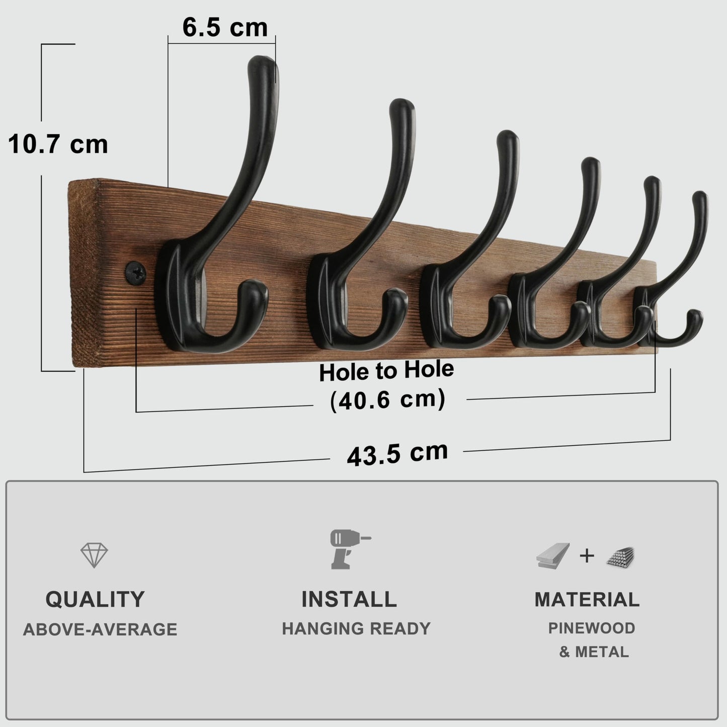HONSKY Wall Coat Rack - 6 Double Hooks (44cm) | Wooden & Metal Towel/Coat Hanger for Entryway, Bathroom, Bedroom, Garage
