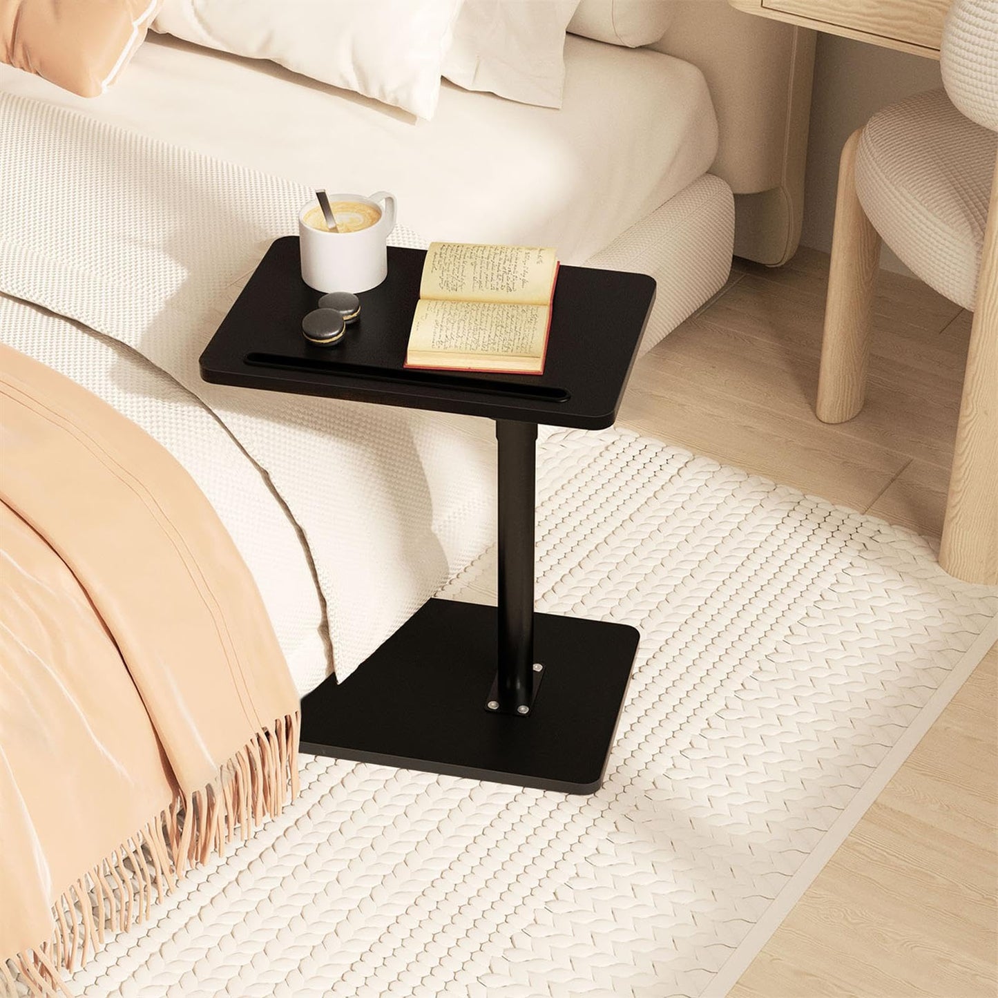 YUHFERA Couch Side Table - 360Swivel Height Adjustable End Table,Sofa Armrest Tray Table,Snack Side Table for Bed or Chair with Phone & Tablet