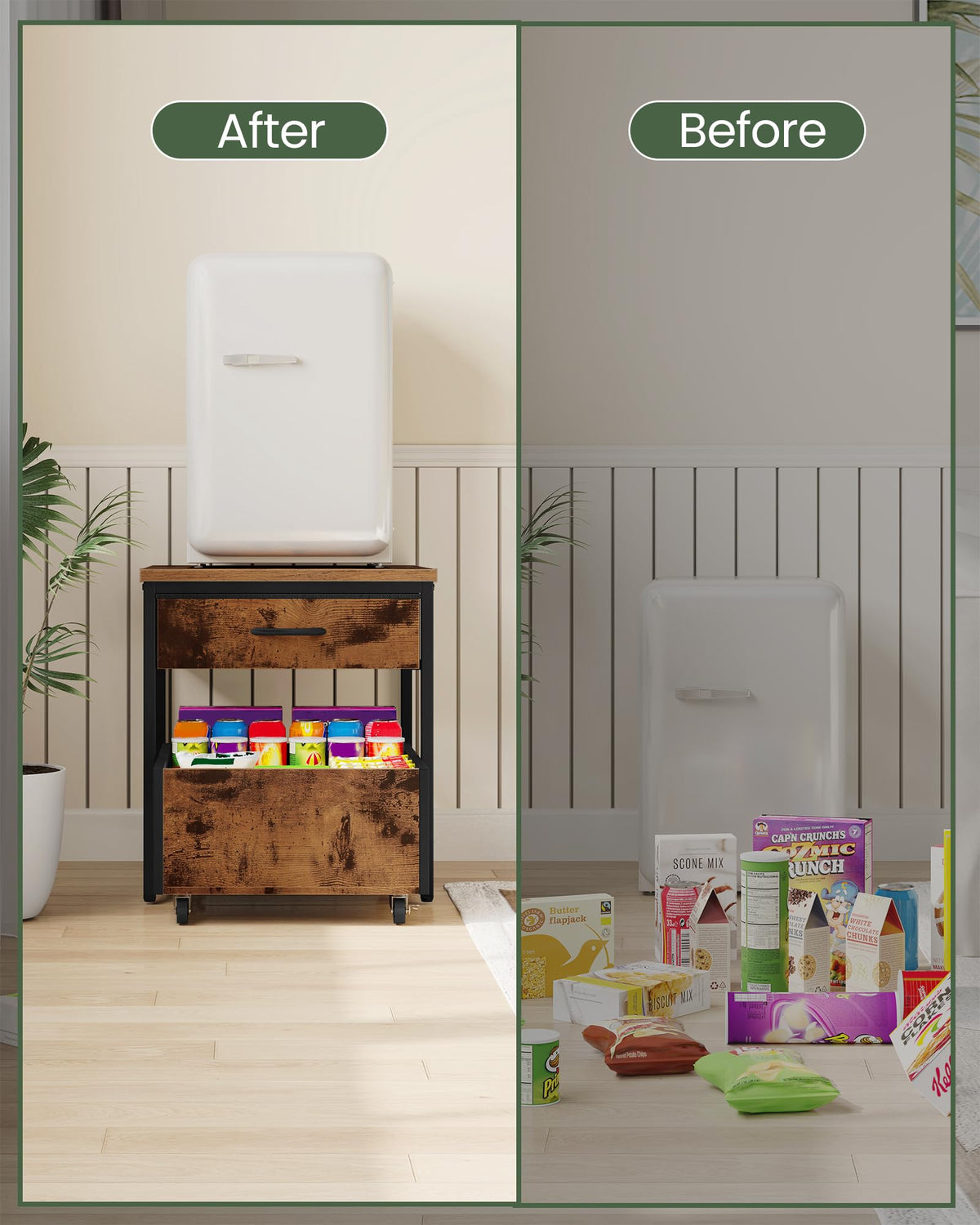 CHOEZON Mini Fridge Stand with Storage, Mini Fridge Organizer with Fabric Drawer, Beverage Refrigerator Table, with Mobile Basket Cart, for Dorm