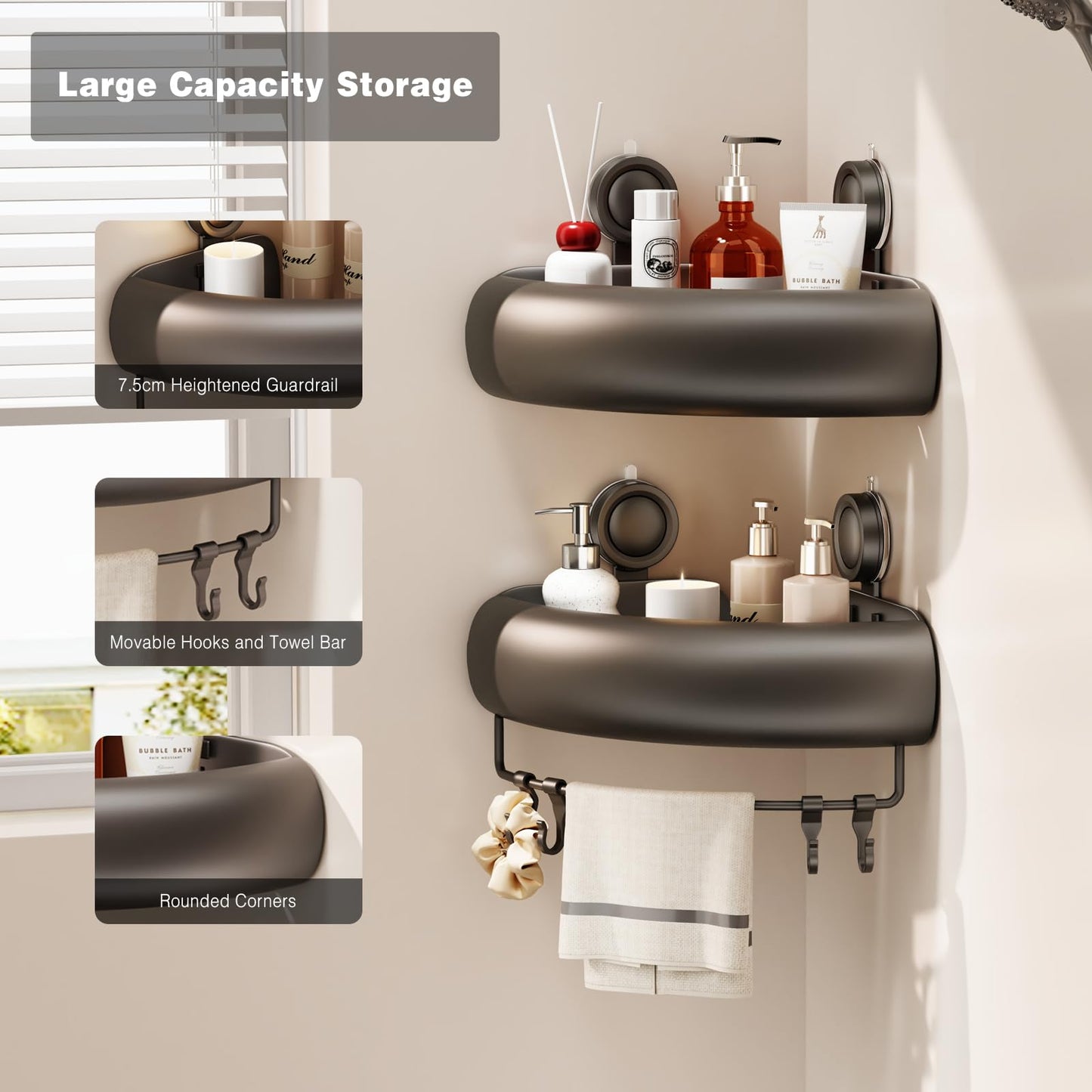Voldra Corner Shower Caddy Suction Cup, Arc Shower Shelf Coner No Drilling Bathroom Coner Shelves Suction Shower Organiser Rack Adhesive Corner Caddy