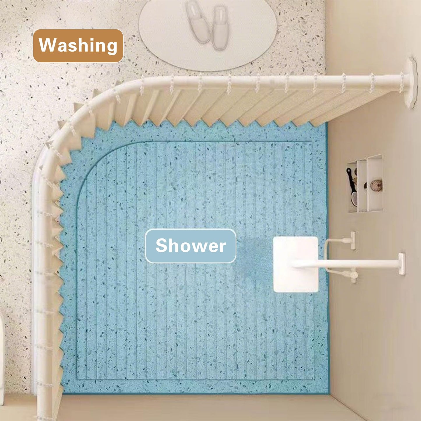 Momooda Waterproof Magnetic Fabric Shower Curtain with Hooks, Folidng Washable Bathtub Corner Anti Mould Shower Curtains for Bathroom, 230gsm, Beige