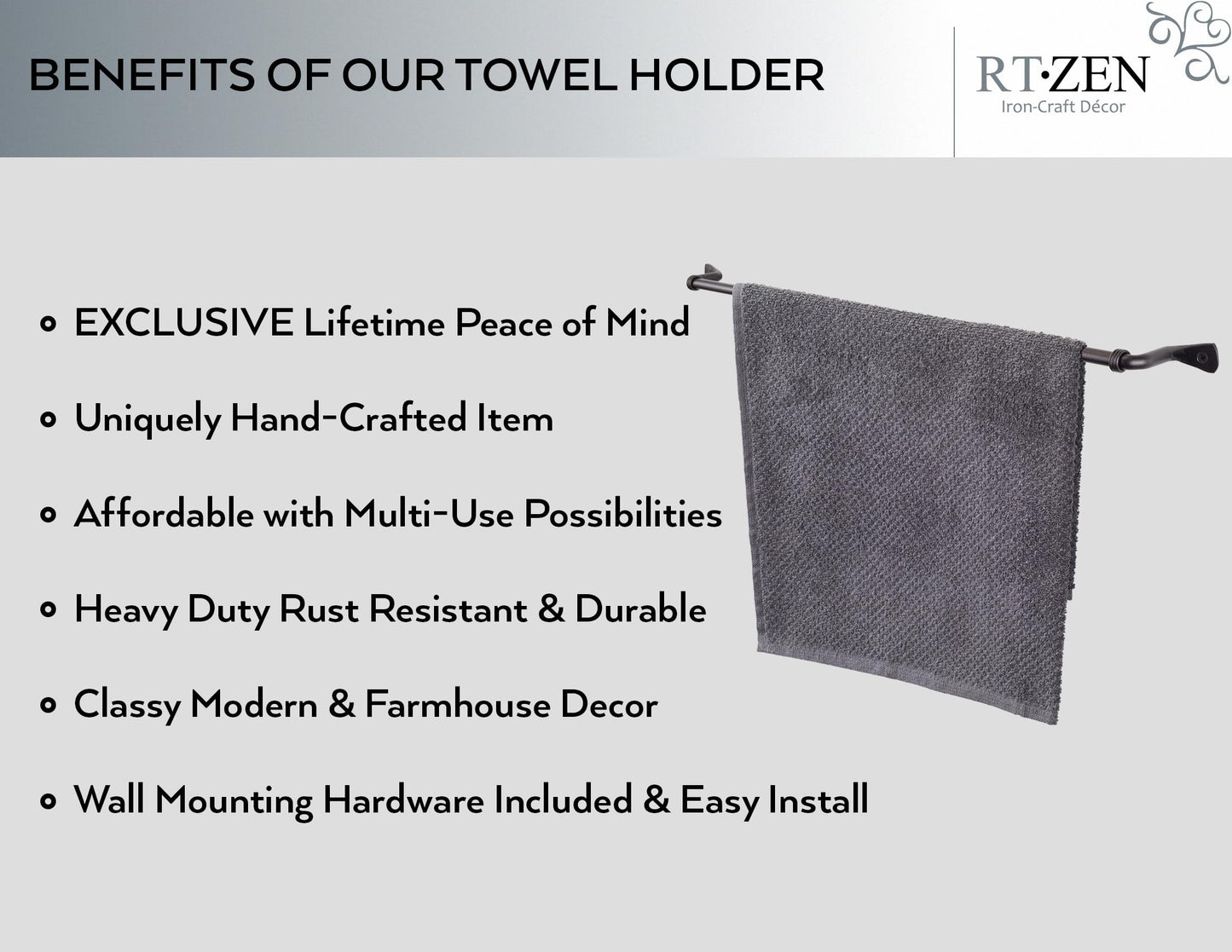 RTZEN Farmehouse Bathroom Towel Holder - Wrought Iron Matte Meta Black Towel Bar Wall Mount Rod - Handmade Home Decor Metal Kitchen Hanger Bar