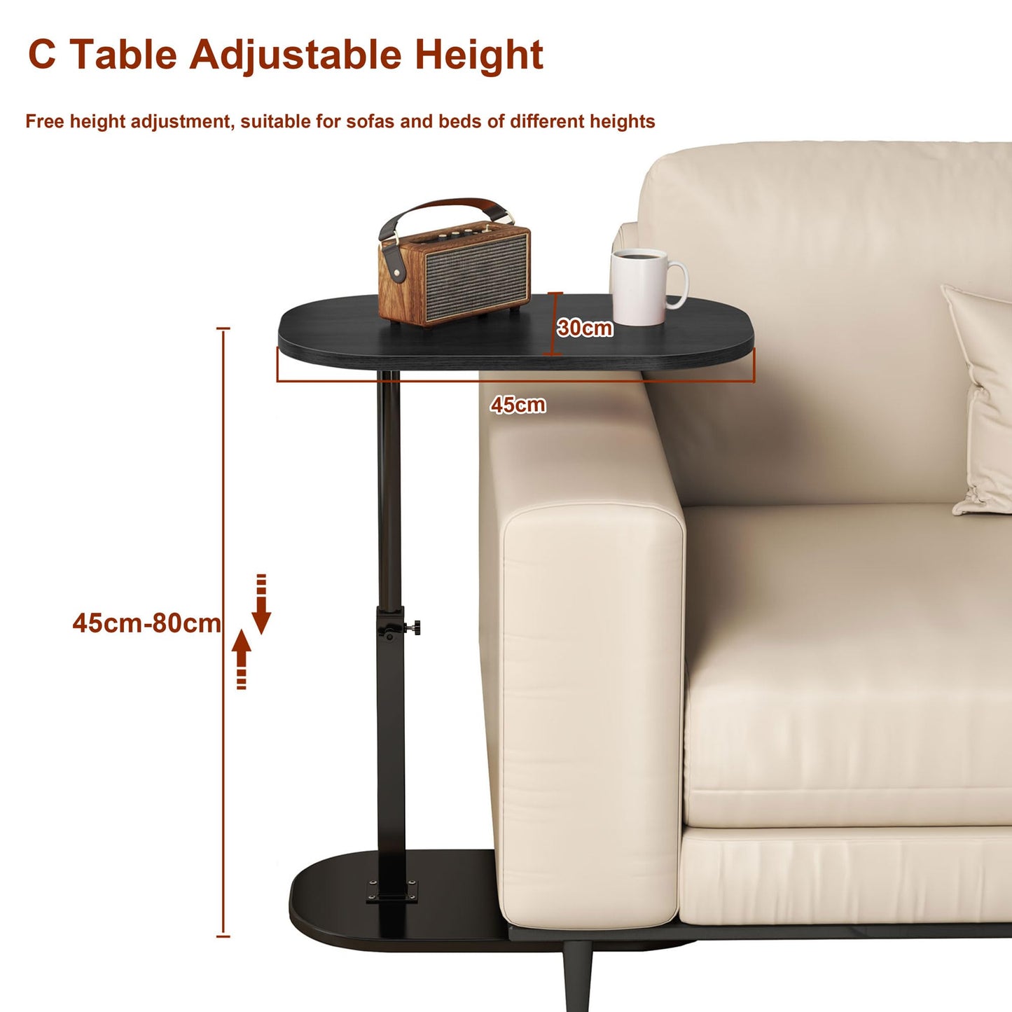 liameya Adjustable Height C Shaped Side Table, 360°Swivel Laptop Tv Tray Desk for Couch and Bedside