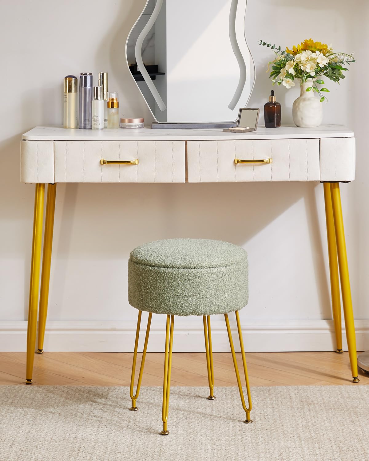 IBUYKE Makeup Vanity Stool, Teddy Velvet Ottoman, Light Green WBD010D